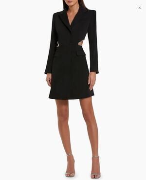 Mac Duggal 27570 Black Cocktail Dress Long Sleeve Beaded Cut Out Tuxedo Size 6